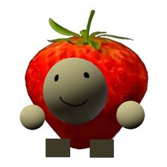 an animated strawberry with two faces on it's back legs and one eye open