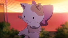 an animated cat is standing in front of the sunset