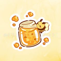 a honey jar with a bee on it and some bubbles around the jar that is filled with honey