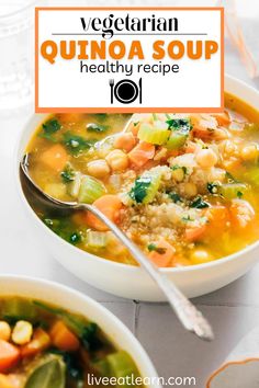 vegetarian quinoa soup in a white bowl with a spoon next to the bowl