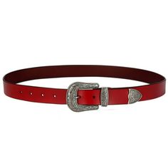 Authentic Western wear  Traditional American lifestyle  Genuine leather  Belt width : 1.1" (2.8cm)  Buckle material : alloy  Dimensions : W 2" (5.2cm), H 2 1/3" (6cm)  Exceptional finishing   Size chart   Red western belt for a modern cowboy look Coupled with a pair of radiant red cowboy boots, this Red Western Belt ties together a fabulous cowgirl attire, ready to rock your country music parties.   With its striking level of craftsmanship, this beautiful cowgirl belt will unquestionably make yo Adjustable Leather Belt Buckle With Metal Buckle, Adjustable Silver Belt With Buckle Closure, Adjustable Leather Belt With Metal Pin Buckle, Western Style Silver Belt Buckle, Western Silver Belt With Buckle, Western Silver Belt With Buckle Closure, Adjustable Leather Belt Buckles For Rodeo, Adjustable Leather Belt Buckle For Rodeo, Retro Leather Belt Buckles