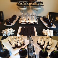 an assortment of desserts are displayed on white plates and black tablecloths, along with chocolate covered apples