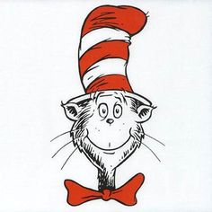 the cat in the hat is wearing a red and white striped hat with his eyes wide open