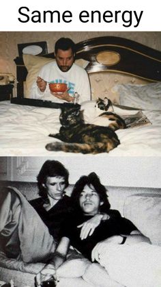 two people sitting on a bed next to each other and one has a cat in front of them