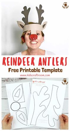 a girl with reindeer antlers on her head is holding up two printable templates