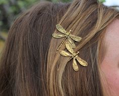 Dragonfly Bobby Pin Set, Gold Insect Bobby Pins, Set of Two Gold Dragonflies, Gold Bobby Pins, Gold Gold Bobby Pins, Hair Up Or Down, Wedding Hair Pins, Bobby Pin, Funky Jewelry, Dream Jewelry, Dragonflies, Look At You, Pretty Jewellery