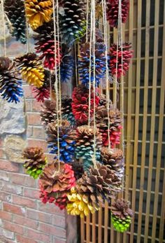 pine cones are hanging from the side of a building