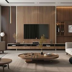 a modern living room with wood paneling and furniture