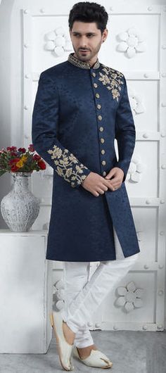 Blue color Sherwani in Art Silk fabric with Embroidered, Thread, Zari work Sherwani Latest Design, Latest Groom Wedding Dress Indian, Groom Sherwani Indian Latest, Indian Wedding Sherwani, Sherwani Design, Indian Celebration, Blue Sherwani, Engagement Look, Prom Suits For Men