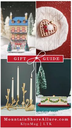 the mountain shore allure gift guide is displayed in front of a christmas scene and candles