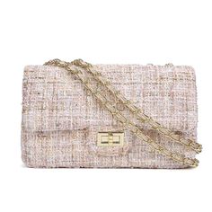 Buy Apricot Tweed Flap Square Handbags Shoulder Chain Bag Worldwide Free shipping and return, color: Nude , material: Fibre Designer Crossbody Bag, Tweed Bag, Lv Bags, Shoulder Strap Bag, Designer Crossbody, Shoulder Chain, Crossbody Bag Women, Designer Crossbody Bags, Chain Bag