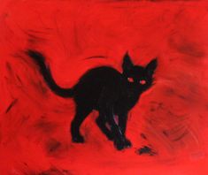 a painting of a black cat on a red background