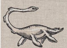 a drawing of an animal with long neck and tail, in black ink on beige linen