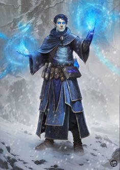 a painting of a man with blue hair and an evil look on his face standing in the snow