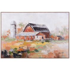 an oil painting of a barn and silo in the country side with autumn colors