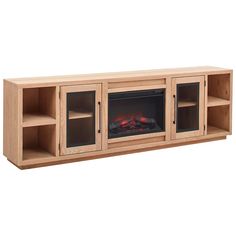 a wooden entertainment center with an electric fireplace