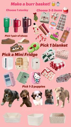 a pink poster with many different things on it's back side and the words make a burr basket choose 3 items pick a mini fridge pick 1 puppies