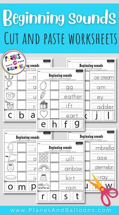 the beginning sounds cut and paste worksheets are shown in three different styles with scissors