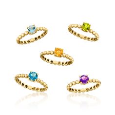 Ross-Simons - 2.50ct t. w. Multi-Gemstone Jewelry Set: Five Rings Over Sterling. Size 8. An RS exclusive. In a pleasing palette with nods to nature, this five-ring set features 2.50 ct. tot. gem wt. round London blue topaz, sky blue topaz, peridot, amethyst and citrine gems, each centered on an 18kt yellow gold over sterling silver beaded band measuring 3/16" wide. Multi-gemstone ring set. Peridot birthstones are the perfect gift for August birthdays. August Birthdays, Five Rings, Amethyst And Citrine, Peridot Birthstone, Multi Gemstone Ring, August Birthday, Sky Blue Topaz, London Blue Topaz, London Blue