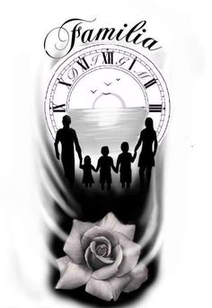 a family with a clock and rose tattoo design on their arm is shown in black and white