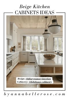 a kitchen with white cabinets and an island in the middle is featured on this page