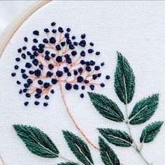 a close up of a embroidery on a white cloth with green leaves and blue beads