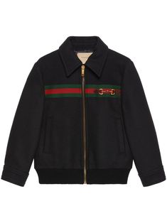 Blue wool jacket wool blend signature Web detailing signature Horsebit detail classic collar front zip fastening long sleeves buttoned cuffs ribbed hem two side slit pockets Composition: Wool, 100% | Gucci Kids Coats Black Boys | FW22/23