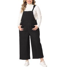 These overalls feature adjustable straps with buckles, allowing for a customized fit. The straps are sturdy and can be easily adjusted to accommodate different body shapes and sizes. With two functional buttons and pockets, these overalls provide ample storage space for your essentials. The straight-leg pants have a full-length hem that can be rolled up for a trendy and avant-garde look. These overalls are perfect for a casual outing or a day of shopping with family or friends. The loose fit and Black Cotton Jumpsuits And Rompers With Adjustable Straps, Black Cotton Overalls With Suspenders, Utility Denim Overall Jumpsuit With Adjustable Straps, Utility Denim Jumpsuit With Adjustable Straps, Jean Jumpsuit, Cargo Jumpsuit, Jumpsuit Outfits, Plus Size Denim, Jean Pockets