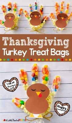 thanksgiving turkey treat bags for kids to make with their hands and the words, thanksgiving turkey treat