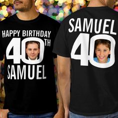 Happy 40th Birthday white text, custom front, and back photo, and name on th dark color of your choice t-shirt. Fun 40th personalized photo in bold black and contrasting white birthday tee design. Personalize this birthday shirt with two photographs of the birthday person in the middle of the number 0 on the front and back ideal for a past and present photo opportunity. Great idea for adding some fun to a milestone fortieth birthday party celebration. Other matching items and colors options are Fortieth Birthday, Forty Birthday, Creative Gifts For Boyfriend, Happy 40th Birthday, White Birthday, Birthday Party Celebration, Name Photo, 40th Birthday Parties, Birthday Tee