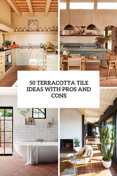 the inside of a kitchen and dining room with white walls, tile flooring and wooden ceiling