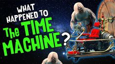 an advertisement for the time machine with two people riding in a sleigh on wheels