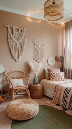 a bedroom decorated in pink and green with wicker furniture, rugs and lights