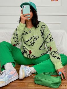 Lasaky - Womens Crew Neck Long Sleeve Knit Sweater with Casual Cartoon Dinosaur Pattern, Loose Fit - Ideal for Fashionable Fall and Winter Attire. Winter Knit Sweater, Moda Streetwear, Winter Attire, Dinosaur Pattern, Cartoon Dinosaur, Long Sleeve Knit Sweaters, Knitting Women Sweater, Pattern Sweater, Streetwear Fashion