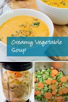 four different pictures with the words creamy vegetable soup