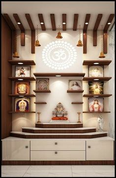 the interior of a temple with shelves and decorations on it's walls, including an idol