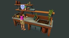 a woman standing on top of a counter next to a potted plant in a sink