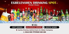 an ad for egbelshen drinking spot, featuring bottles of alcohol and beverages