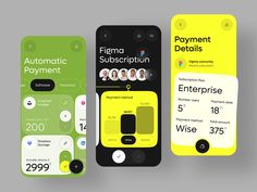 three mobile phone screens showing different payment options and the same number of credit cards on them