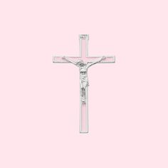 a cross on a pink background with the image of jesus christ crucifix