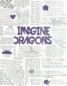 an image of imagine dragon's written in different languages on a white paper with purple writing