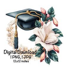 a digital drawing of a graduation cap and flowers with the words digital download png, jpe, 1 / 2 inches