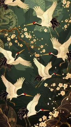 a group of white birds flying over a forest filled with lots of trees and flowers