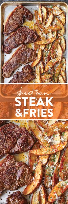 steak and fries on a baking sheet with the words steak and fries above it in white lettering