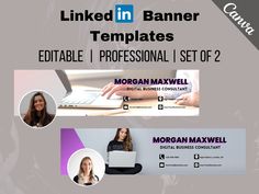 linked in banner templates with two women working on a laptop and another woman sitting at a desk