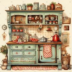 a painting of an old fashioned kitchen with pots and pans on the stove top