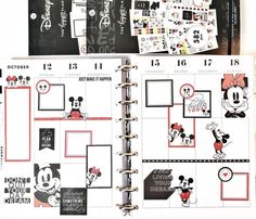 an open planner book with mickey mouse stickers on it and other items in the pages