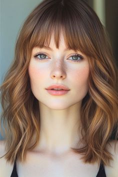 A woman with medium-length wavy brown hair styled with soft bangs.