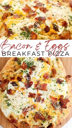 bacon and eggs breakfast pizza on a cutting board with the words bacon & eggs written above it