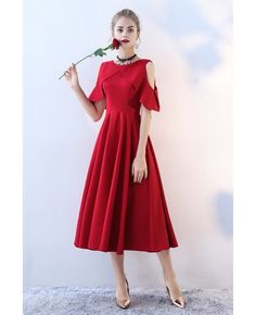 Shop Elegant Burgundy Tea Length Party Dress with Sleeves online. All instock with free shipping. Pro since 2009. Party Dress Simple, Party Dress With Sleeves, Party Dresses With Sleeves, Cheap Dresses Casual, Pack Light, Dress With Sleeves, Dress Simple, Red Prom, One Piece Outfit